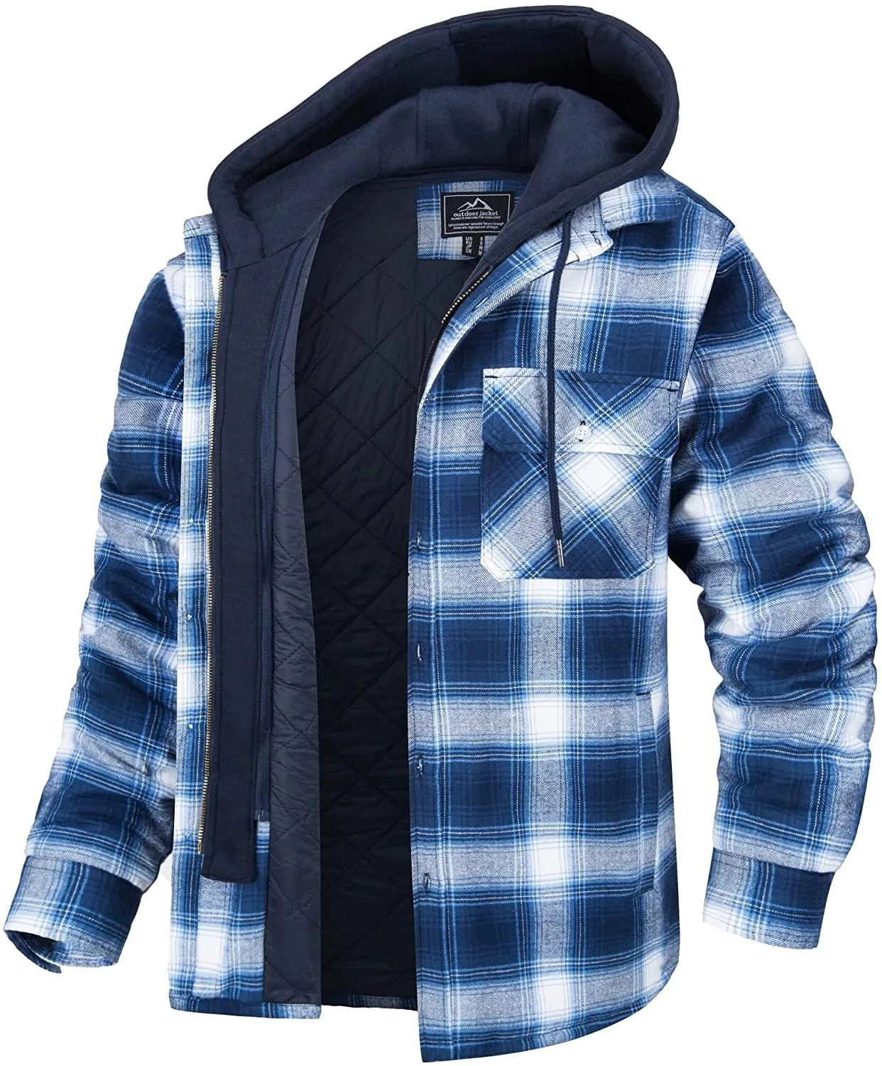 Men's Long-sleeved Plaid Hooded Warm Button Zip-up Jacket