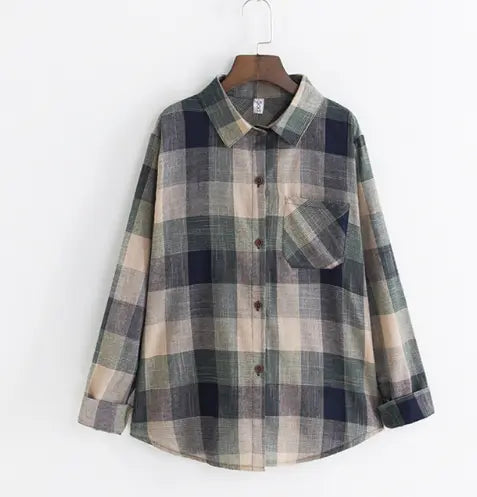 Girl Cotton Blouses Long Sleeve Plaid  Blouse - Season Prestige