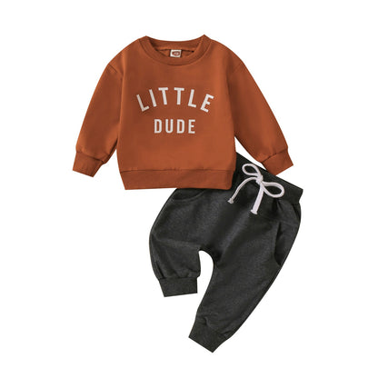 Children's round neck letter printed top solid color pants two-piece set