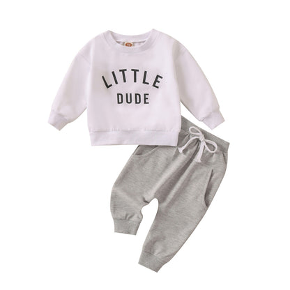 Children's round neck letter printed top solid color pants two-piece set