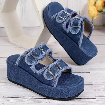 Denim Buckle Wedges Summer Outdoor High Heel Slippers For Women