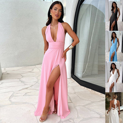 V-neck Slit Summer Backless Strappy Dress