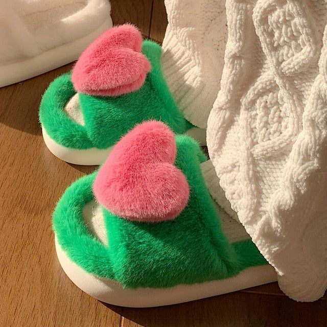 Heart Love Fluffy Fur Slippers Season Prestige