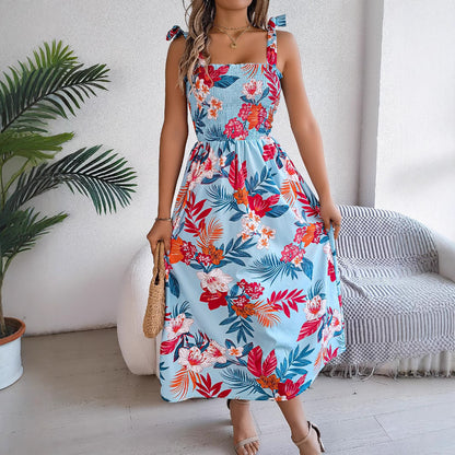 Summer Flowers Print Holiday Beach Long Dress For Women