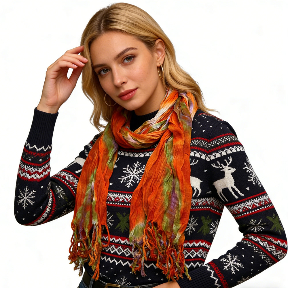 Orange Red Printed Viscose Lightweight All-Season Wrap Scarf
