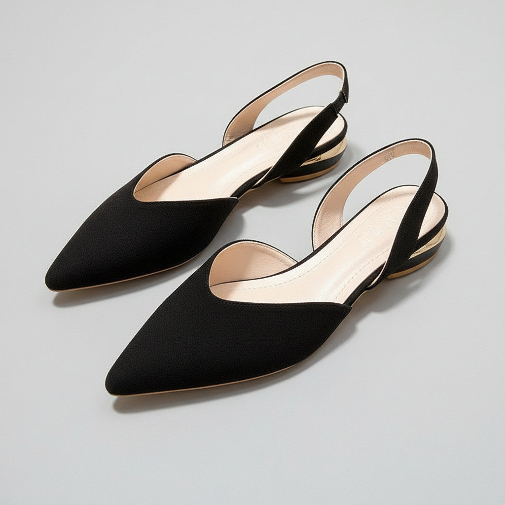 Season Prestige suede pointed-toe open-back sandals in black, red, and beige with low heel.