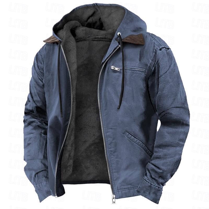 Mens Winter Hooded Coat With Pockets Warm Fleece Zip-up Jacket