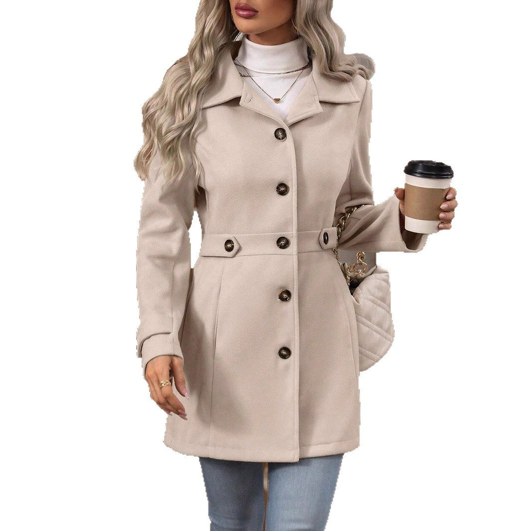 Elegant Woolen Coat Lapel Mid-length Jacket For Women