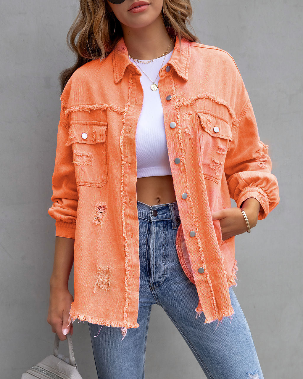 Ripped Shirt Jacket Female Autumn-Spring Casual Tops Season Prestige