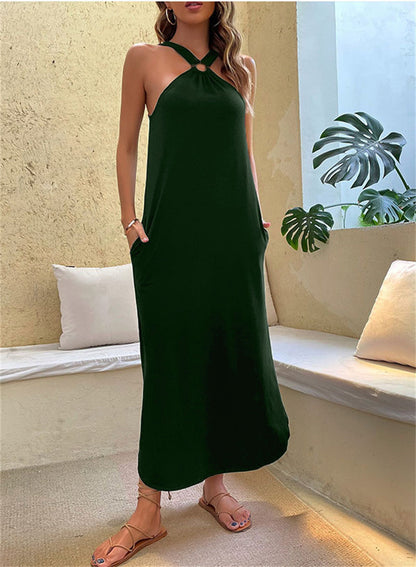 Women's Off-shoulder Hanging Neck Casual Long Dress With pockets