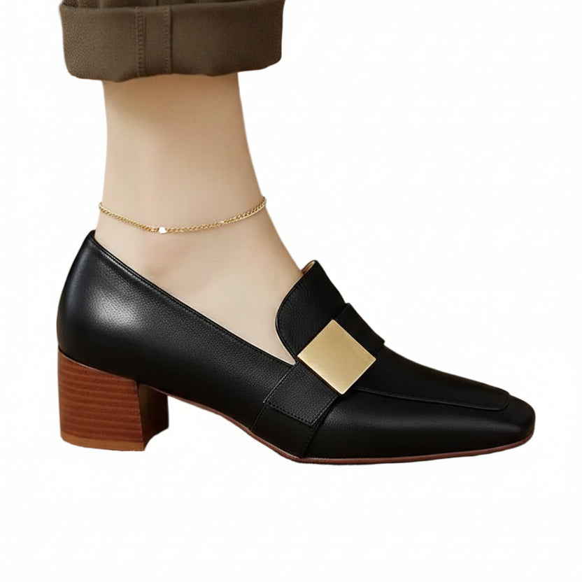 Side view of Retro Square Toe Pumps with a high chunky heel in Black.
