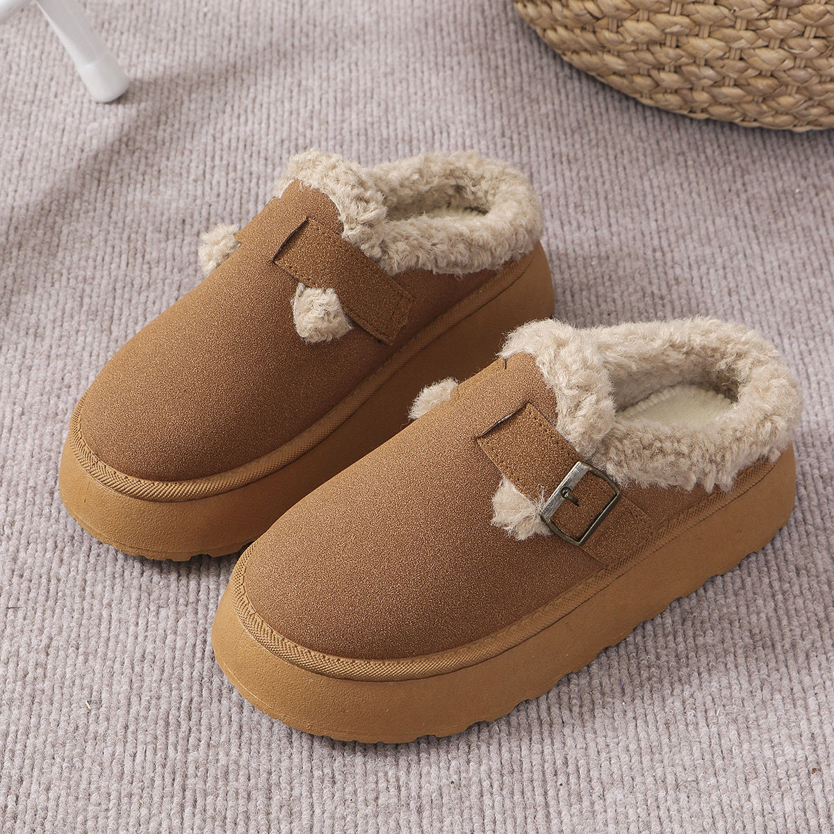 Thick-soled Plush Buckle Winter Indoor And Outdoor Slippers Womens