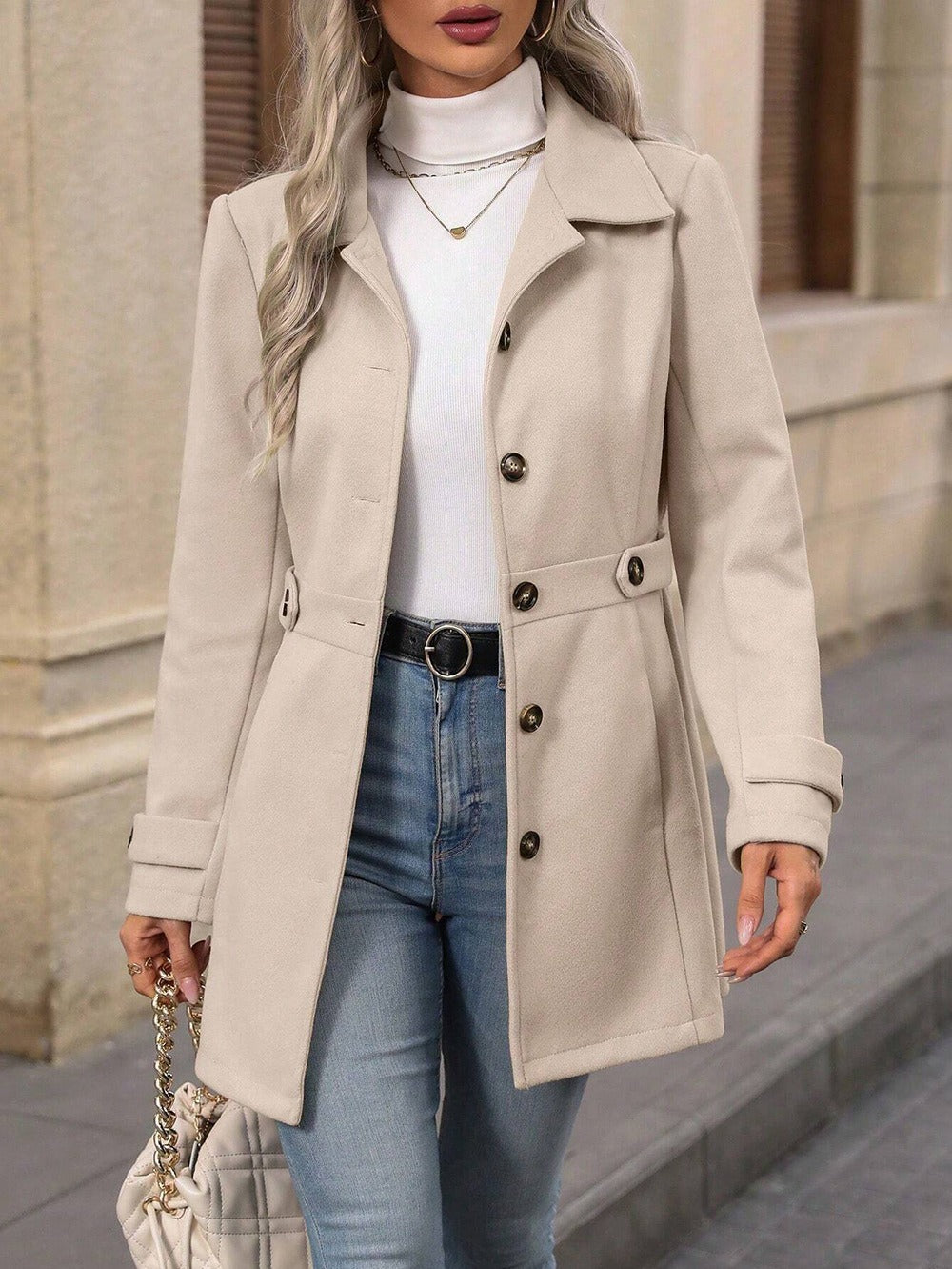 Elegant Woolen Coat Lapel Mid-length Jacket For Women