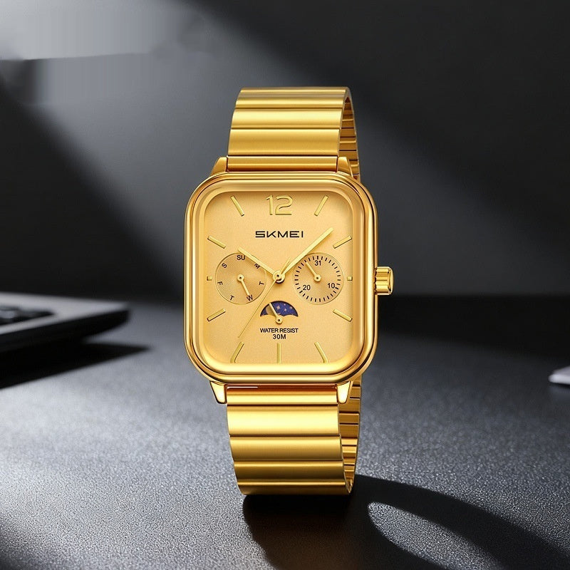 Luxury six-hand moon phase square business watch in gold and black from the Signature Edit Season Prestige collection.