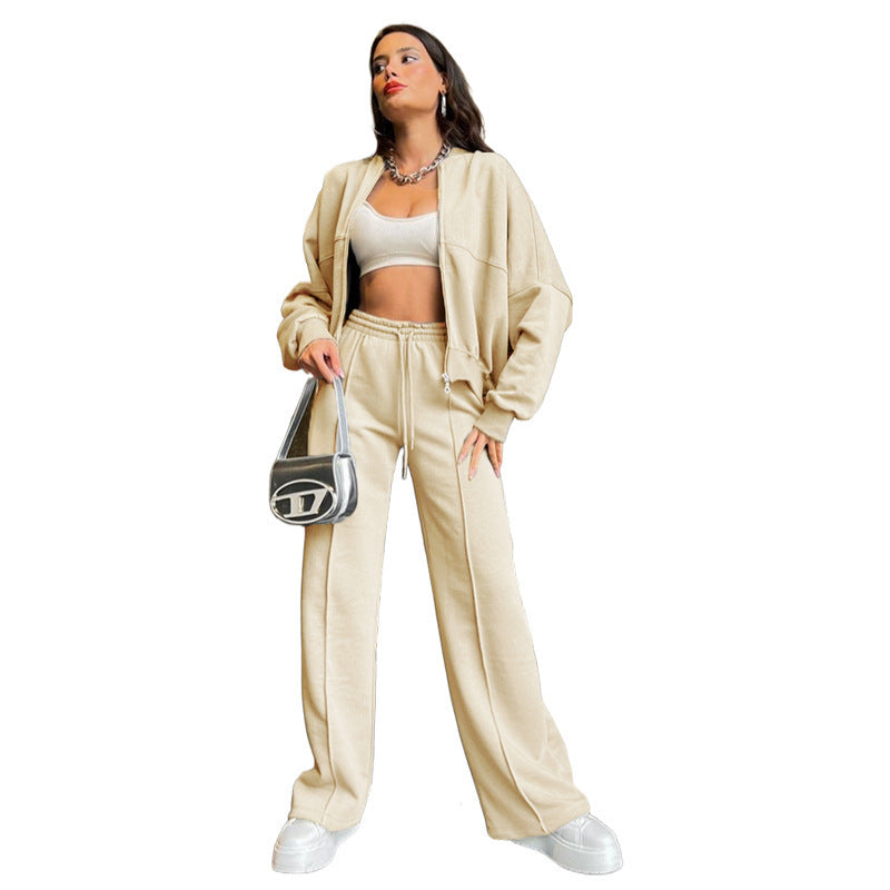 Dropped shoulder Zipper Cardigan Sweater Fashion Casual Set