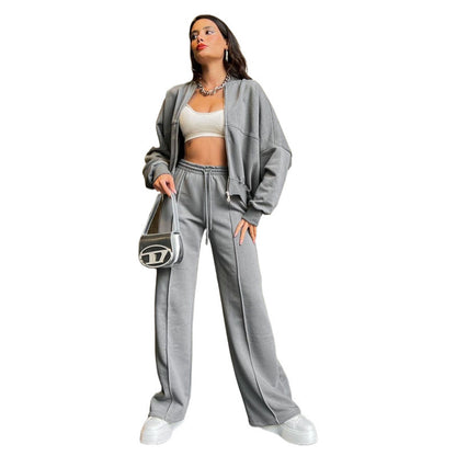 Dropped shoulder Zipper Cardigan Sweater Fashion Casual Set