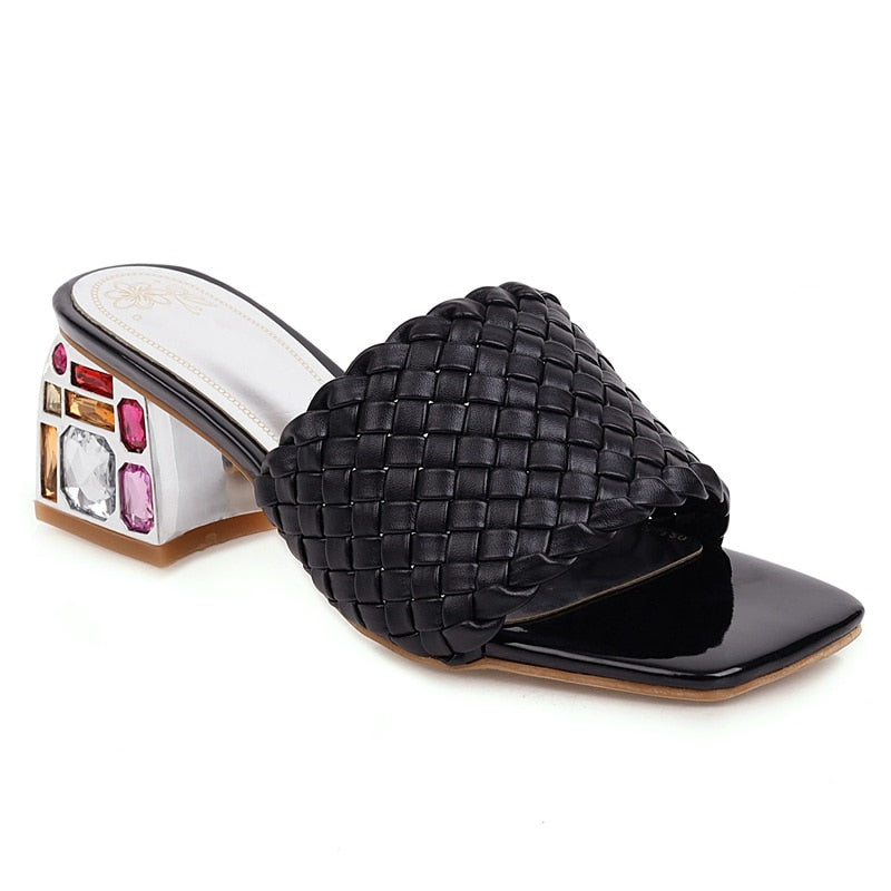 Outdoor Luxury Crystal Women Slide Low Heels Casual Knitted  Women's Slipper Season Prestige