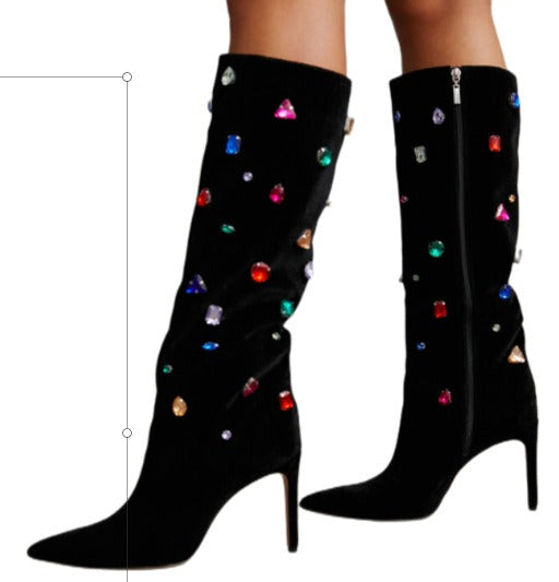 Black High Heel Crystal Decor Boots season prestige