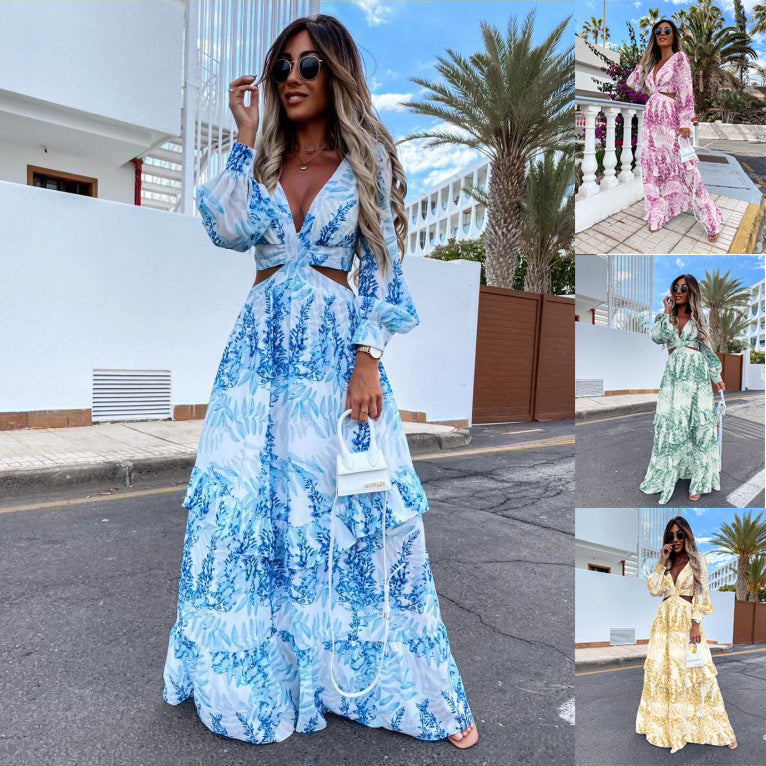 Women's Elegant Floor V-neck Summer Print Long Sleeve Holiday Dress