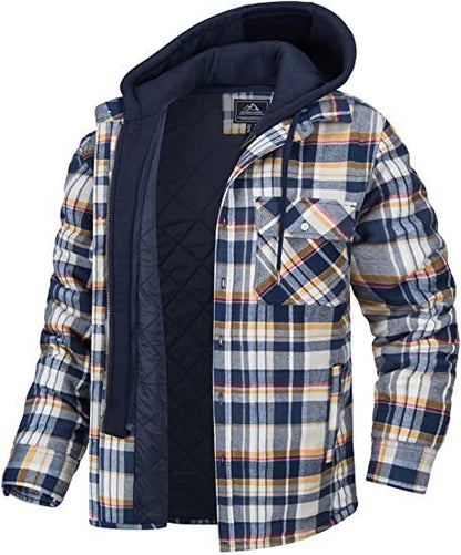 Men's Long-sleeved Plaid Hooded Warm Button Zip-up Jacket