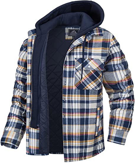 Men's Long-sleeved Plaid Hooded Warm Button Zip-up Jacket