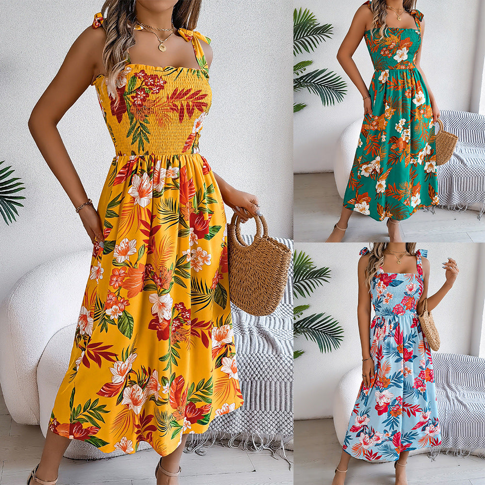 Summer Flowers Print Holiday Beach Long Dress For Women