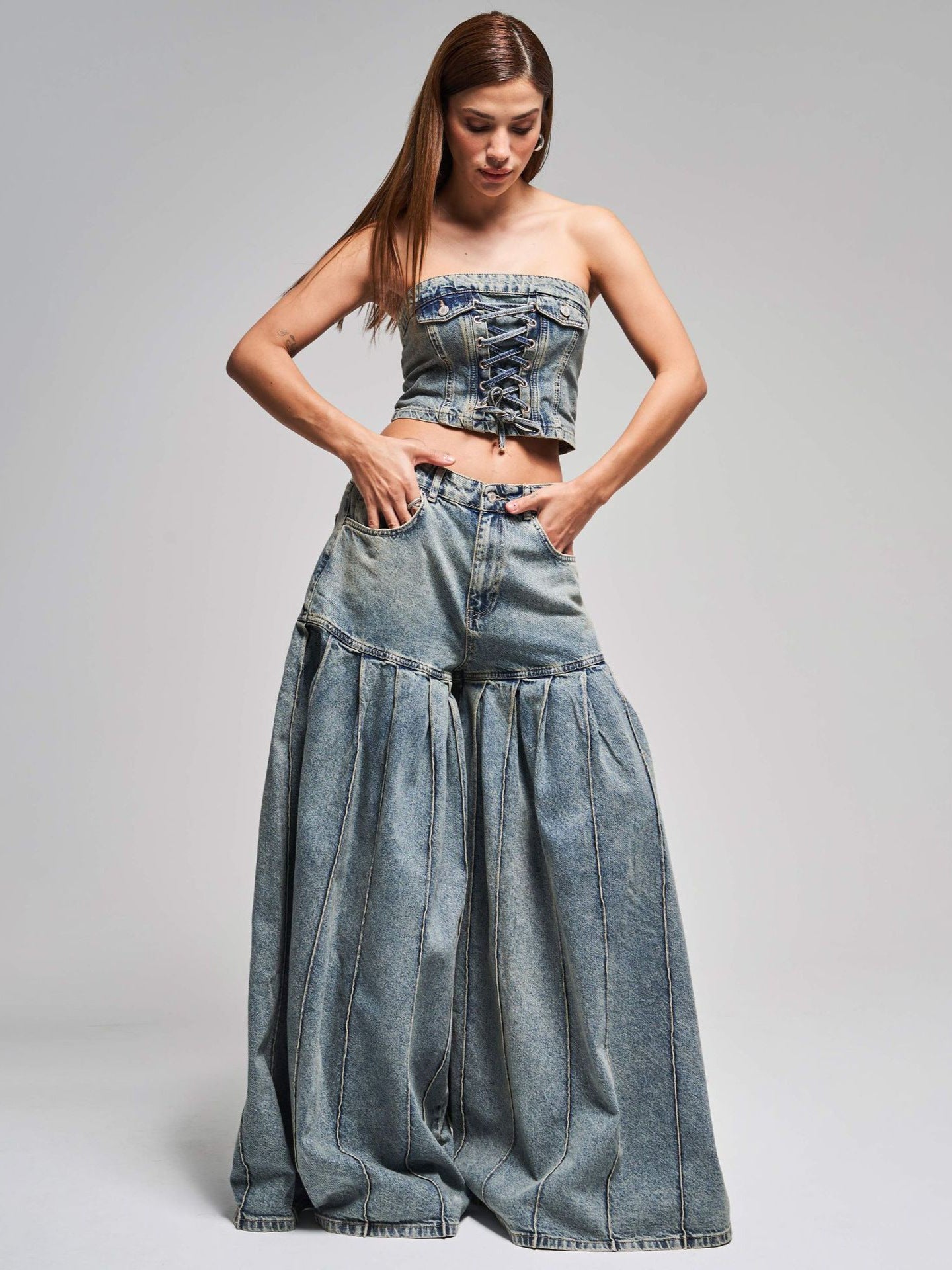 Women Strapless Denim Crop Top Corset & High-Waisted Pleated Wide-Leg Pants Set