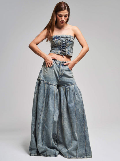 Women Strapless Denim Crop Top Corset & High-Waisted Pleated Wide-Leg Pants Set