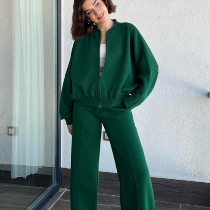 Dropped shoulder Zipper Cardigan Sweater Fashion Casual Set