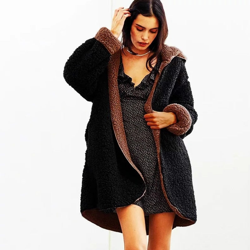 Reversible Soft Fleece Hooded Lamb Fur Jacket Women season prestige