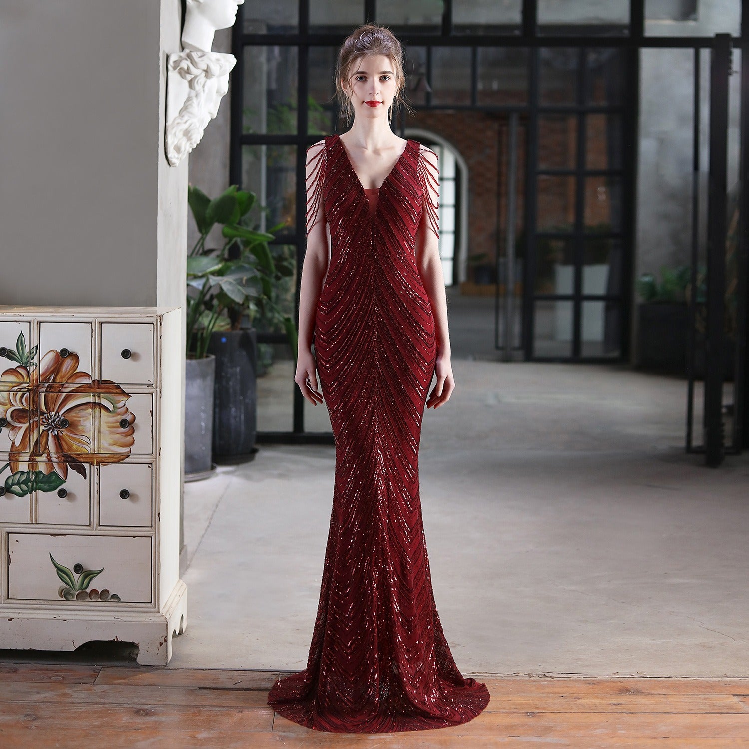 New sequin fishtail long dress performance event banquet car model etiquette evening dress season prestige