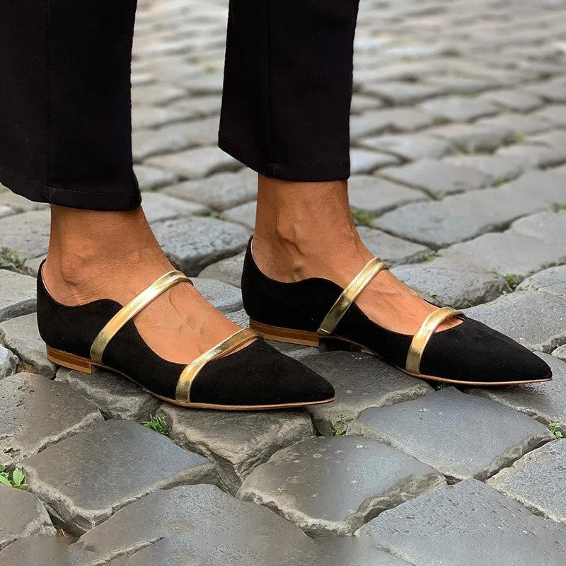 Season Prestige women's pointed-toe suede banquet shoes with rhinestone double straps and low chunky heel Black 