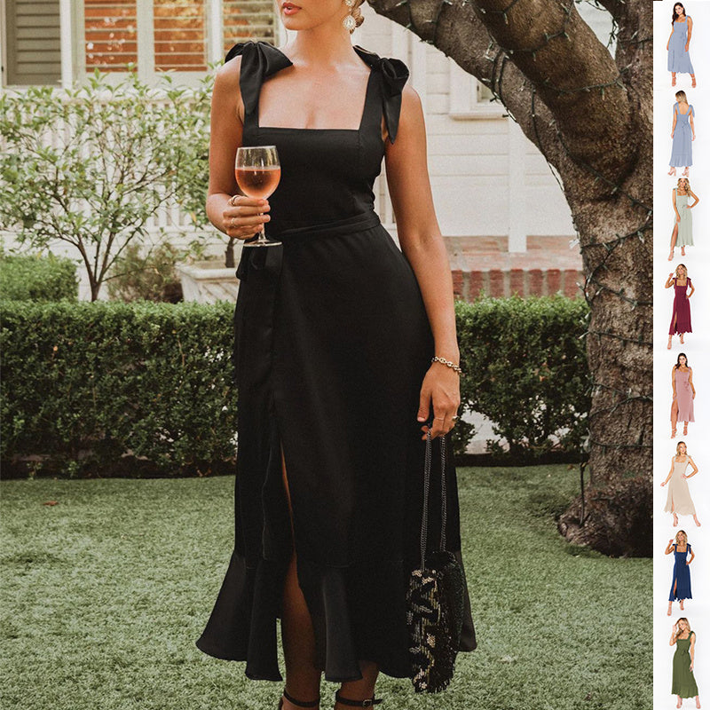 Split Dress With Lace-up Design Summer Ruffled Beach Dresses For Women