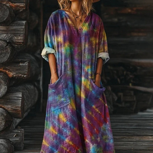 Women's Vintage Floral Art Pattern Print V-neck Pocket Dress