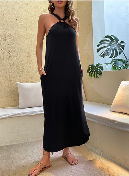 Women's Off-shoulder Hanging Neck Casual Long Dress With pockets