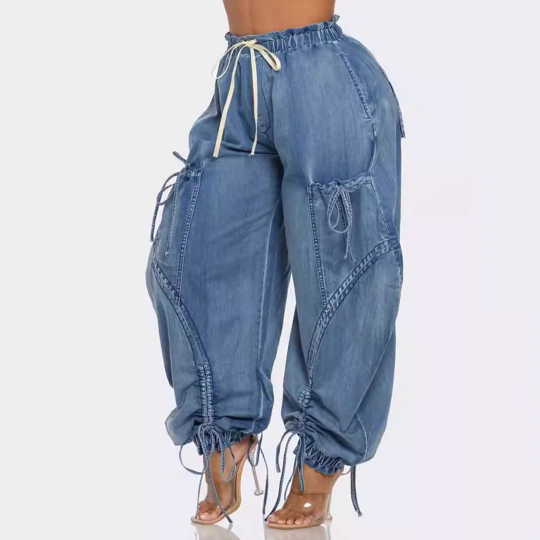 Women's Drawstring Lace-up Ankle-tied Bow Loose  Jeans