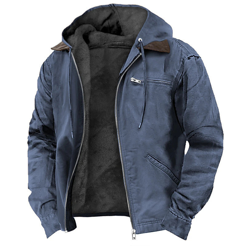 Mens Winter Hooded Coat With Pockets Warm Fleece Zip-up Jacket
