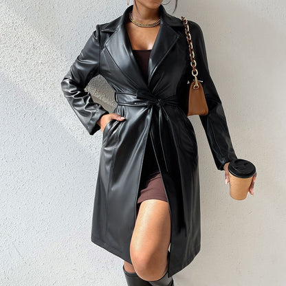 Long Sleeve Pu Leather Jacket With Pockets Slim Fit Long Trench Coat Women