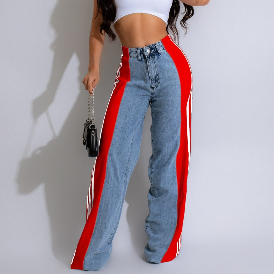 Fashion Casual High Waist Three Stripe Patchwork Denim Wide Leg Pants Streetwear