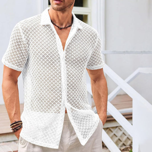 Summer Mesh Short Sleeve Shirt Beach Men's Clothing