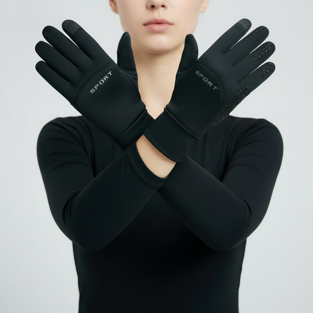 Navy blue and gray winter streetwear gloves with arrow design and thermal insulation.