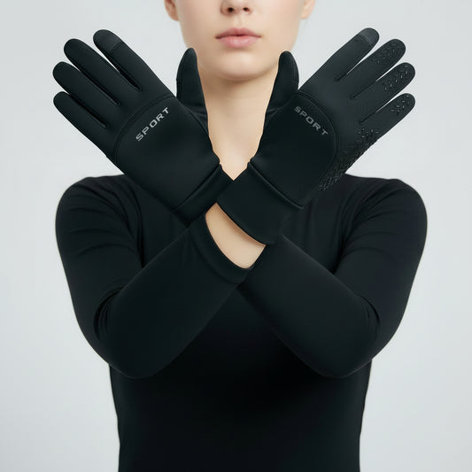 Navy blue and gray winter streetwear gloves with arrow design and thermal insulation.