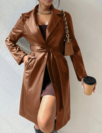 Long Sleeve Pu Leather Jacket With Pockets Slim Fit Long Trench Coat Women