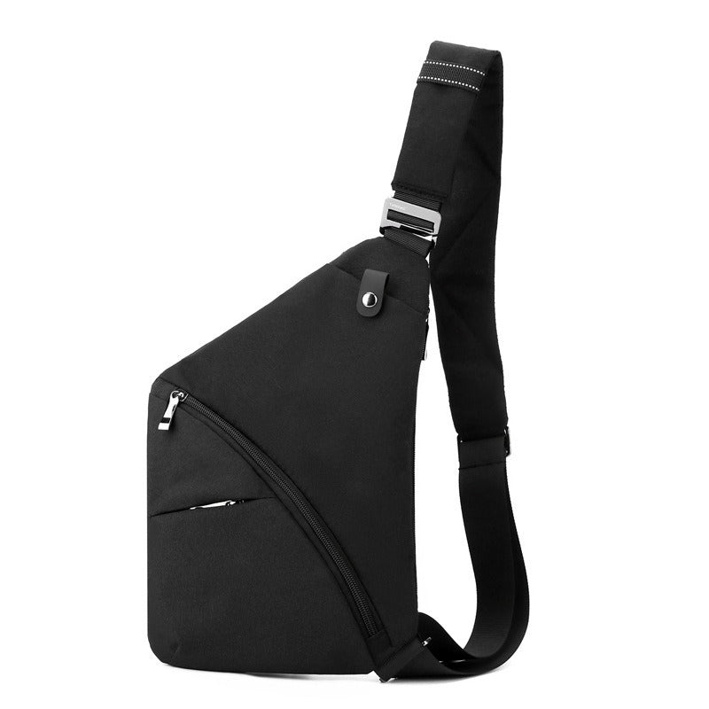 Men's black anti-theft crossbody and underarm chest bag made of Oxford cloth with multiple compartments.