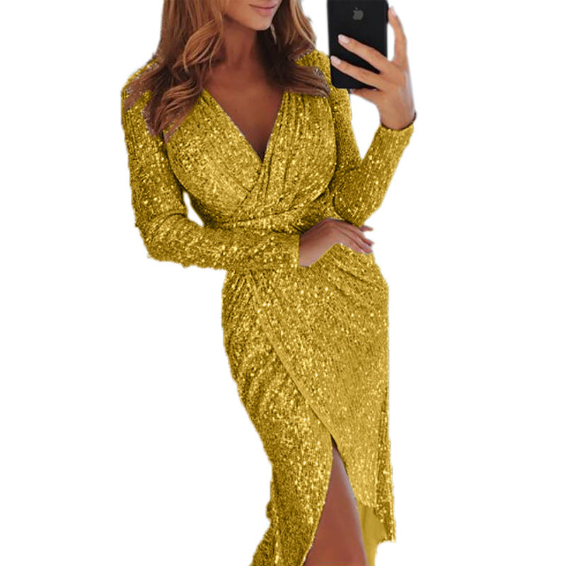 Womens Long Sleeve V-Neck Sequin Dinner Dress Ladies Evening party Dress Season Prestige