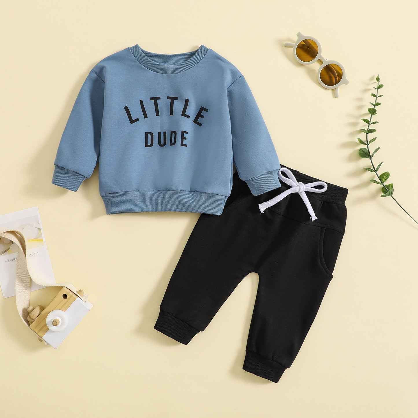 Children's round neck letter printed top solid color pants two-piece set