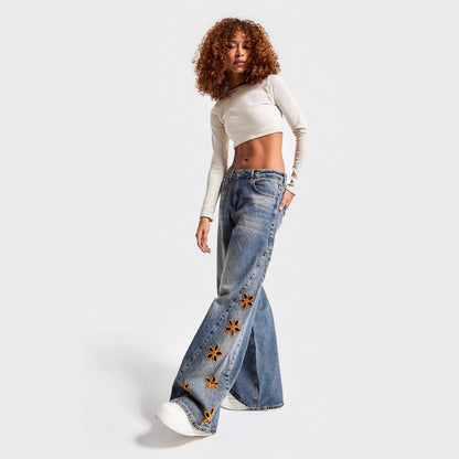 Women's Casual And Relaxed Embroidered High Waist Loose Jeans