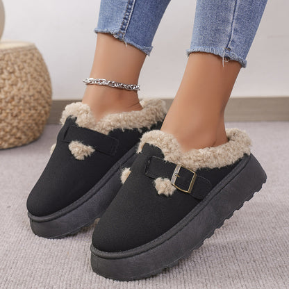 Thick-soled Plush Buckle Winter Indoor And Outdoor Slippers Womens