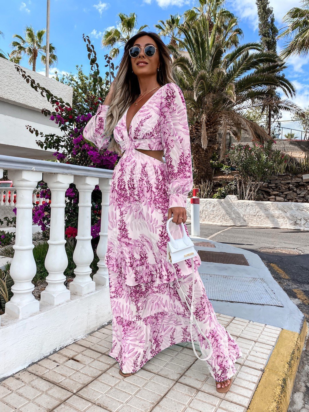 Women's Elegant Floor V-neck Summer Print Long Sleeve Holiday Dress