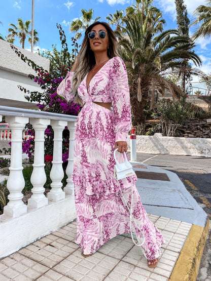 Women's Elegant Floor V-neck Summer Print Long Sleeve Holiday Dress